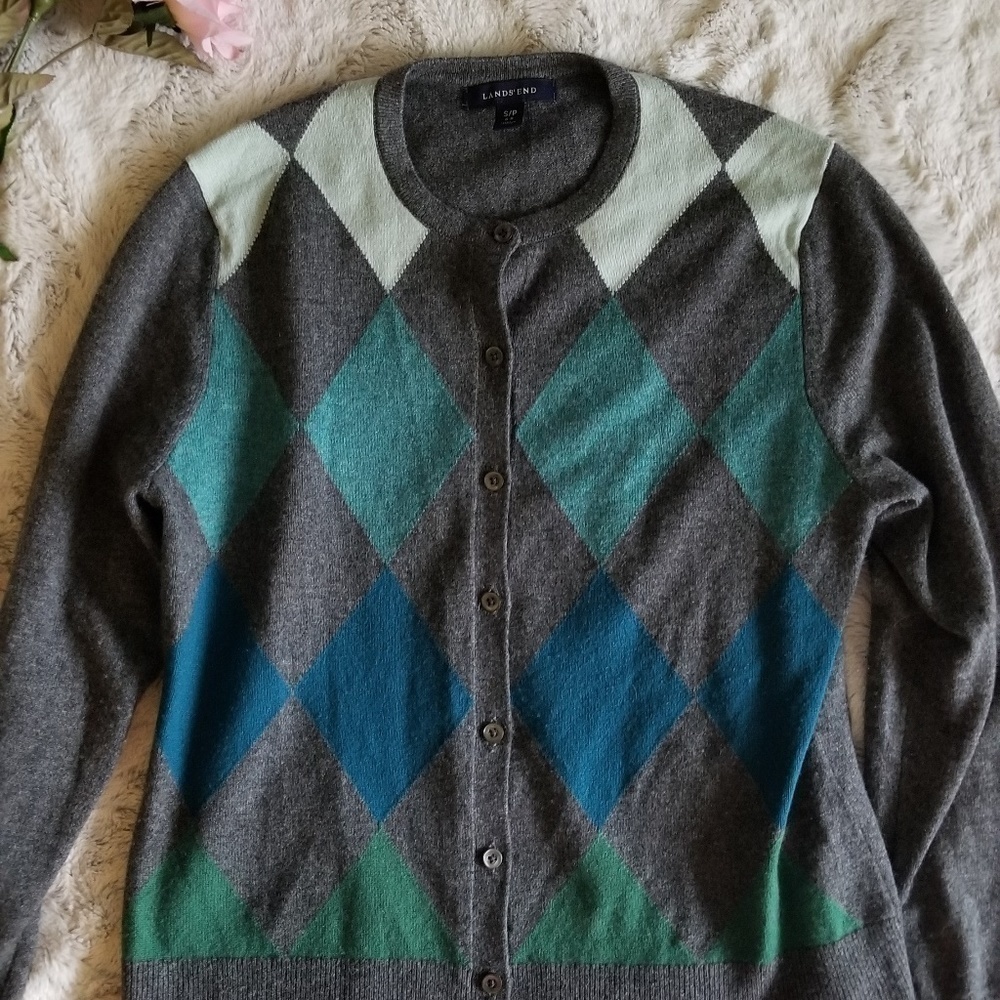 Kaschmir Lands End White‎ Blue Diamond Button Up Cardigan Sweater Size S